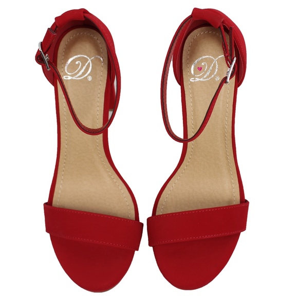 Red Open Toe Ankle Strap Block Heel - Picture 5 of 6